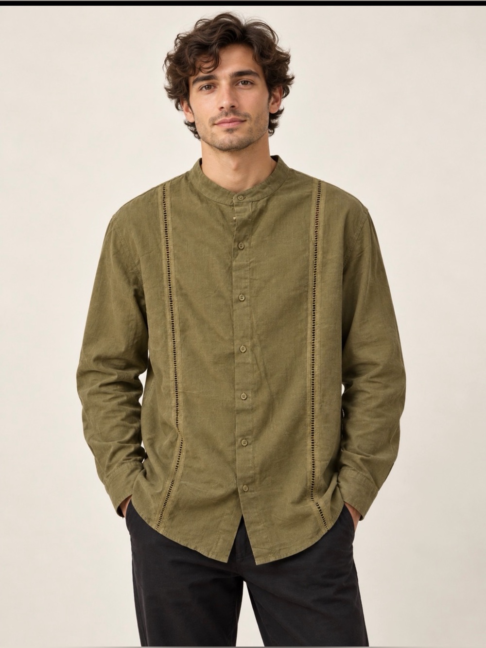 Men's Olive Green Button-Front linen/ cotton Casual Shirt Jacket size large